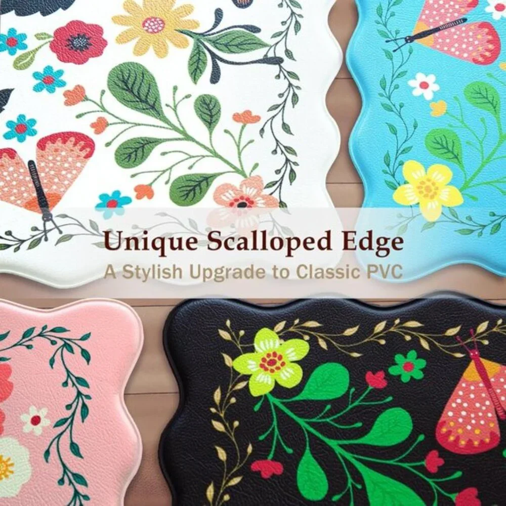 New 2Pcs Scalloped Kitchen Mats, Cushioned Non-Slip Waterproof Anti-Fatigue Rugs